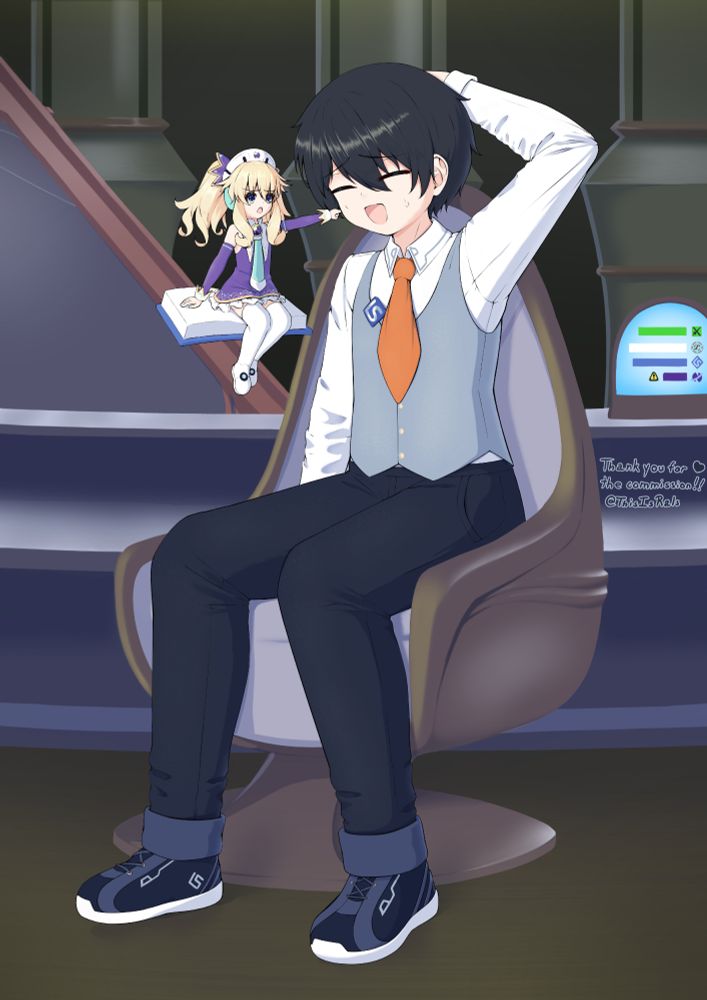 Digital illustration featuring the commissioner's OC being scolded by a slightly annoyed Histoire, from Hyperdimension Neptunia.

The Oc is sitting in one of the chairs of the Audience Room, peing poked by Histoire in the cheek