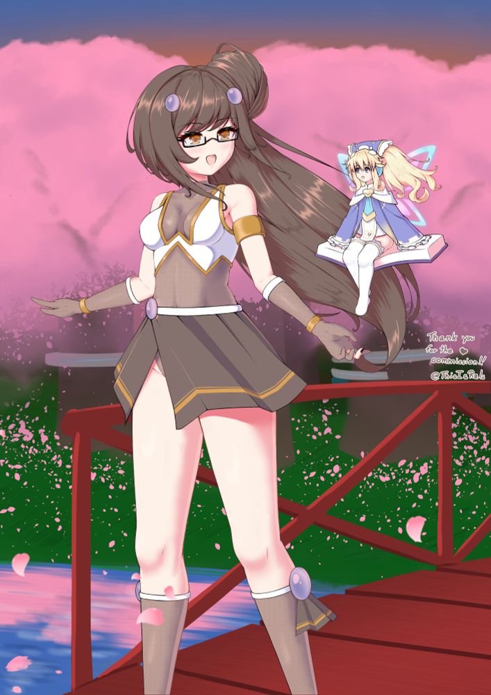 Digital Illustration of Histoire (イストワール) from the Hyperdimension Neptunia series (超次元ゲイムネプテューヌ), and Fuscus, the commissioner's Neptunia OC.

Fuscus appears to be taking a stroll on a bridge, with Histoire, wearing her Super Neptunia RPG outfit, floating beside her. Both are visibly smiling and having a conversation.

The background shows a cherry blossom forest, with petals falling, with both of them being on top of a red bridge that goes over a small river.