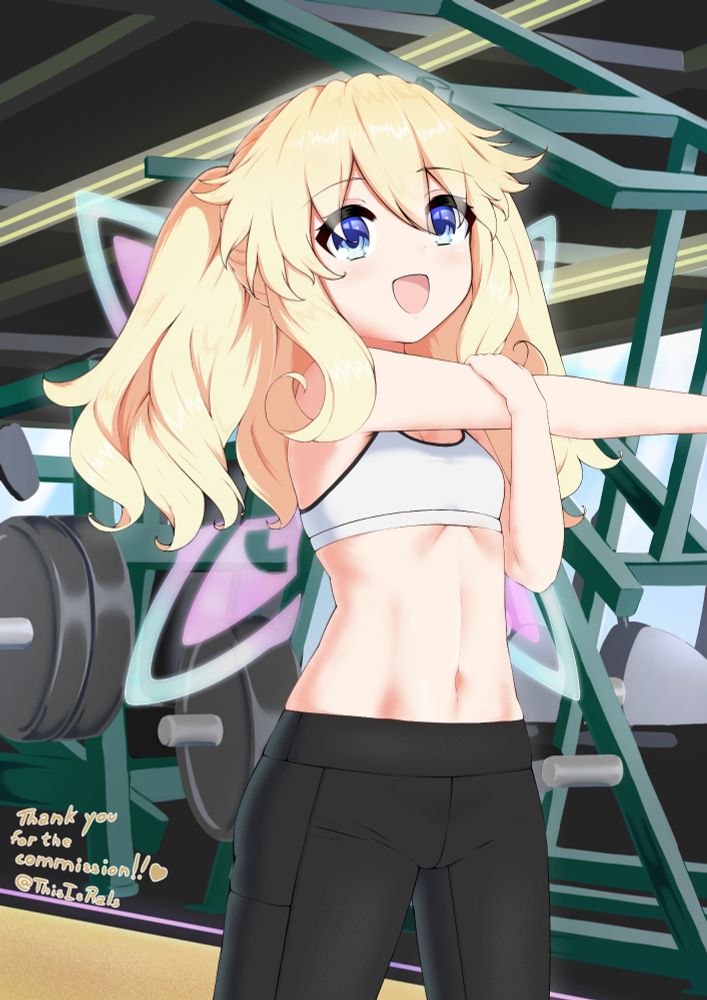 Digital Illustration of and Histoire (イストワール) from the Hyperdimension Neptunia series (超次元ゲイムネプテューヌ).

She is wearing a white sports bra and some black yoga pants, and appears to be stretching

in the background, there are some workout machines and some windows