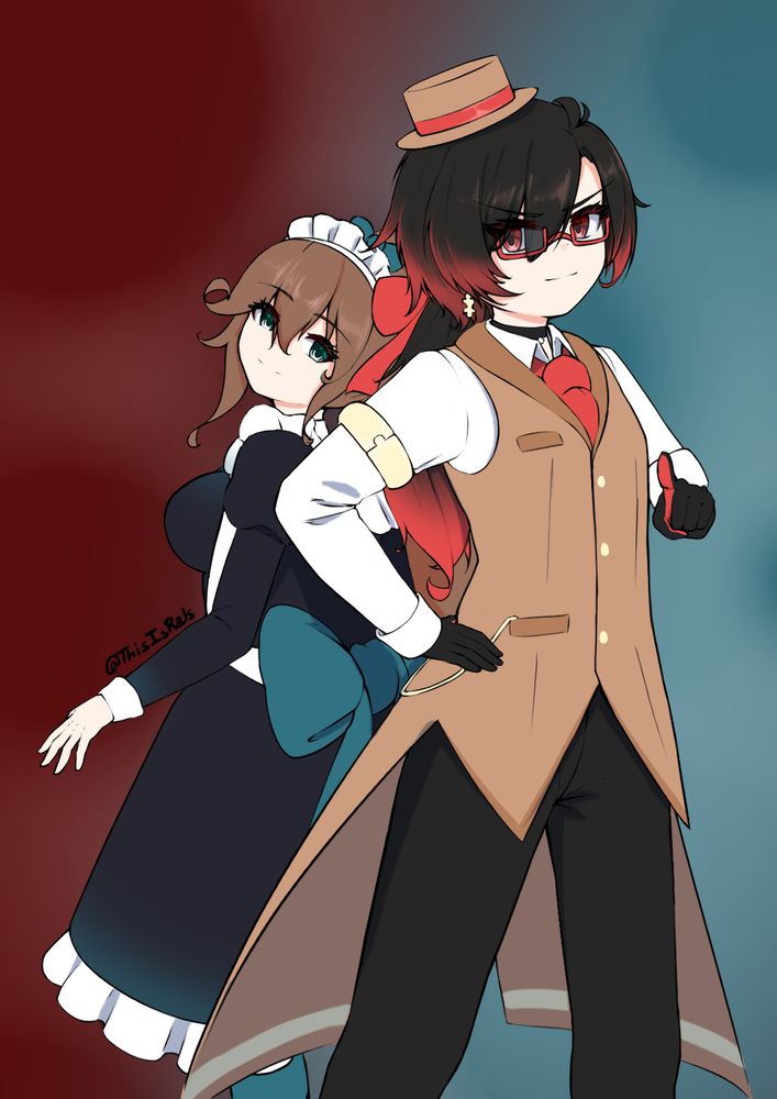 Digital illustration of the artist's OC, Level-5, and Nyxi's OC, Akagi, with their outfits swapped, and altrered.

Unlike Akagi, Level-5's maid costume has cyan highlights and bows, with a high ponytail.

Unlike Level-5, Akagi's outfit has a red tie, black pants, and black gloves with red palms.