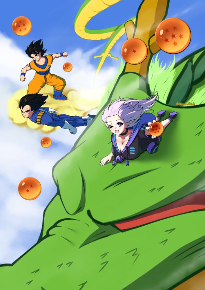 Digital artwork of Ultradimension Neptune (ネプテューヌ) from the Hyperdimension Neptuina (超次元ゲイム ネプテューヌ) game series, holding the 7-star Dragon Ball, while riding Shenron above the clouds.

Goku (孫悟空), on top of the Flying Nimbus (筋斗雲) and Vegeta (ベジータ), from the Dragon Ball (ドラゴンボール) series, are seen flying alongside them. All 7 dragon balls are visible, and with 2 of them, alongside Shenron's body, a number 700 is seen.