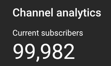 A screenshot of the YouTube dashboard, cropped to the current number of subscribers to Emily Young's channel. The number reads 99,982. Transcript:
Channel analytics
Current subscribers
99,982