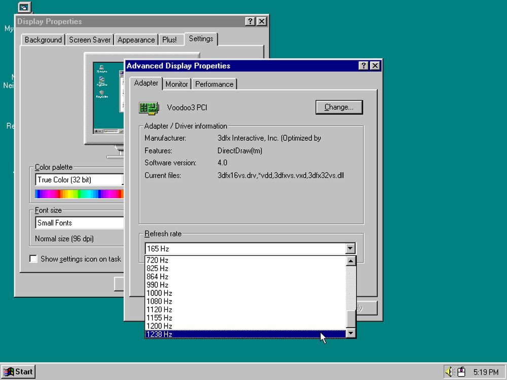 A screenshot of a plain Windows 95 desktop, showing the Advanced Display Properties dialog window. The refresh rate list is expanded, with "1238 Hz" highlighted by the mouse. The display adapter is listed as a Voodoo3 PCI.