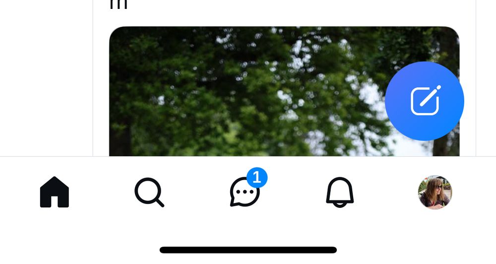 A screenshot of the bottom of the Bluesky screen. We have a row of icons: a house, magnifying glass, speech bubble, bell, and then a small circle with my avatar (my face is sort of visible). The speech bubble has a blue 1 notification.