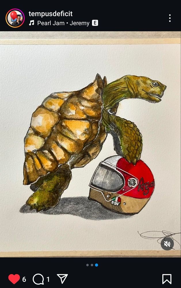 Watercolor of a tortoise mounting a motorcycle helmet