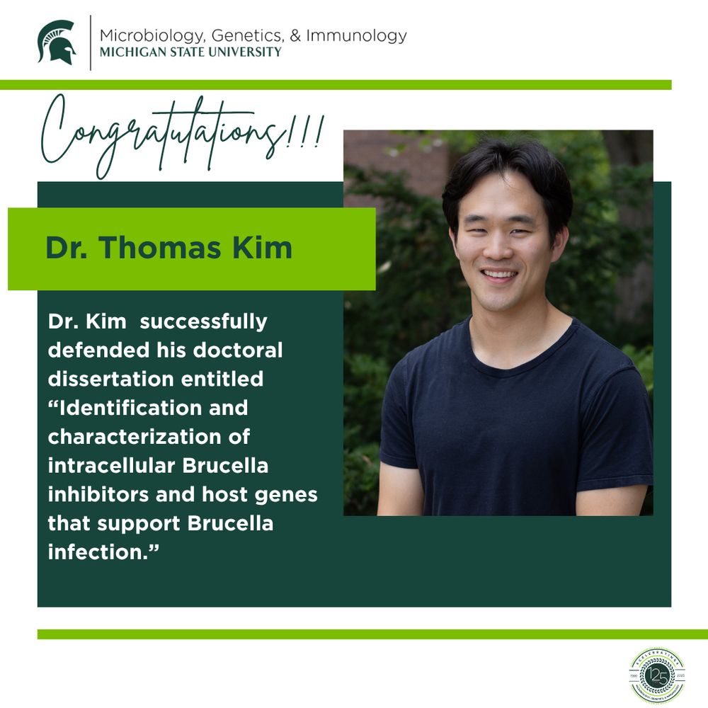 Congratulatory announcement for Dr. Thomas Kim from the Michigan State University department of microbiology, genetics, & immunology with his portrait.
