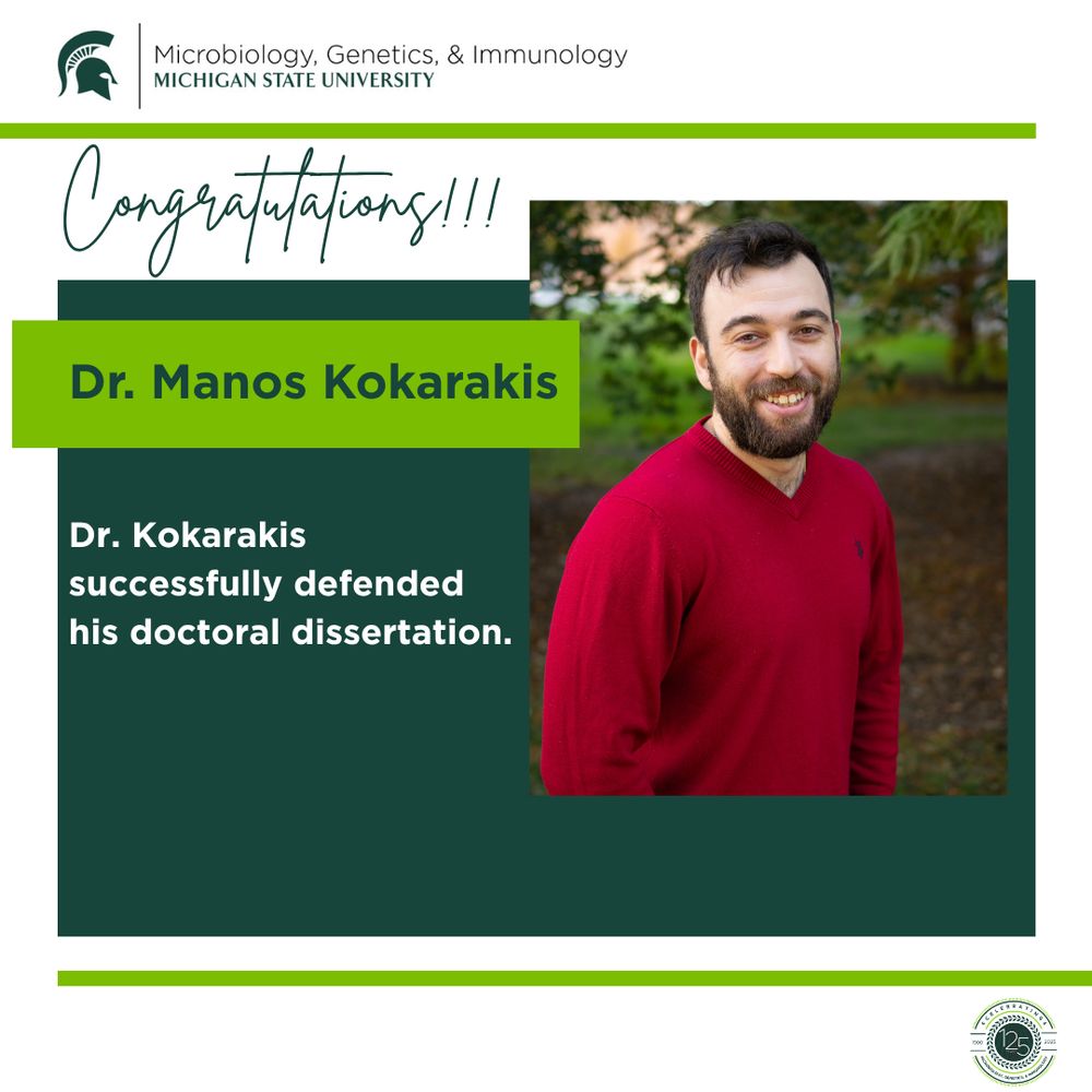The image is a congratulatory graphic featuring a portrait of a man smiling. He is wearing a red sweater and is outdoors, with a background of greenery, hinting at a park-like setting. The top section has the text "Microbiology, Genetics, & Immunology Michigan State University" along with the university logo on the left. Centered at the top is the word "Congratulations!!!" in a handwritten font style. Below, a dark green box with a lime green highlight displays "Dr. Manos Kokarakis." Beneath, in a separate dark green section, the text reads "Dr. Kokarakis successfully defended his doctoral dissertation."
