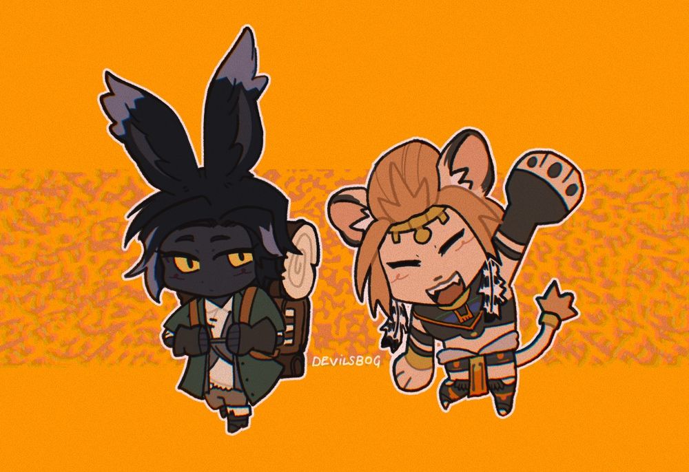 Chibi art featuring Erenville on the left, and Wuk Lamat on the right, from Final Fantasy XIV, on a yellow background. Erenville has a neutral expression looking at his companion while clutching the straps of his backpack, while Wuk Lamat has a jovial expression, waving with a smile.