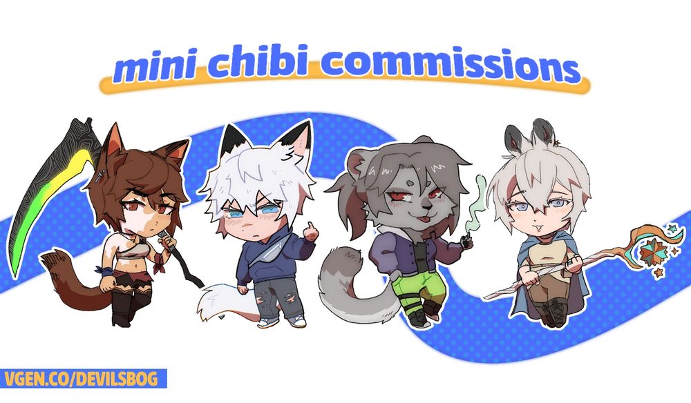 lineup of four chibi characters with the text 'mini chibi commissions' and a link to my vgen page 'vgen.co/devilsbog'