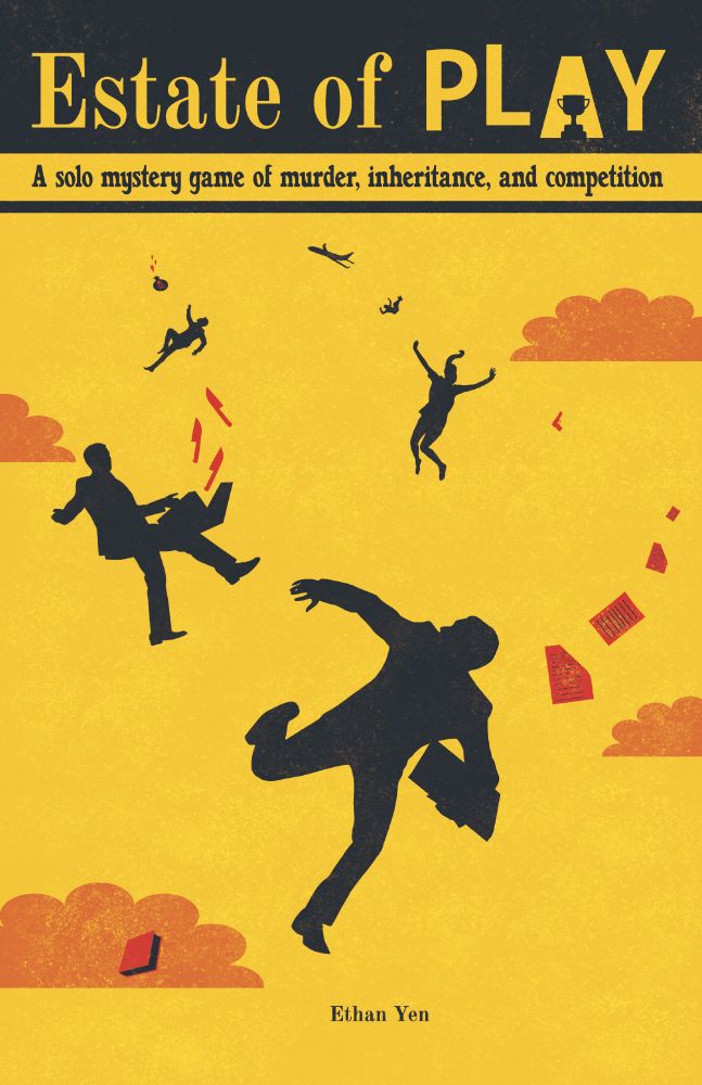 Cover of Estate of Play featuring four silhouette figures falling out of an airplane with weapons and legal papers flying about.