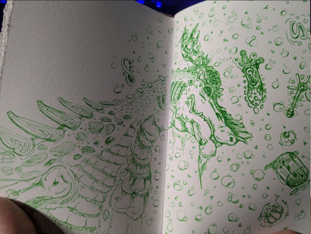 A dragon-type creature with antlers and an exposed brain. The presence of floating items and bubbles implies some sort of telekinetic abilities. 