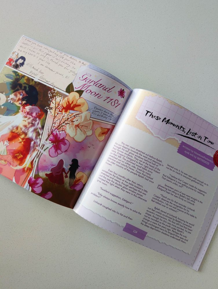 Page left: An illustration by @charbbutt, featuring a scrapbook containing a letter between Edelgard and F!Byleth, a photo of the two of them laying down in the grass together, notes, and pressed flowers.
Page right: The first page of a fanfiction by @Seb_Fantastic titled "These Moments, Lost in Time".