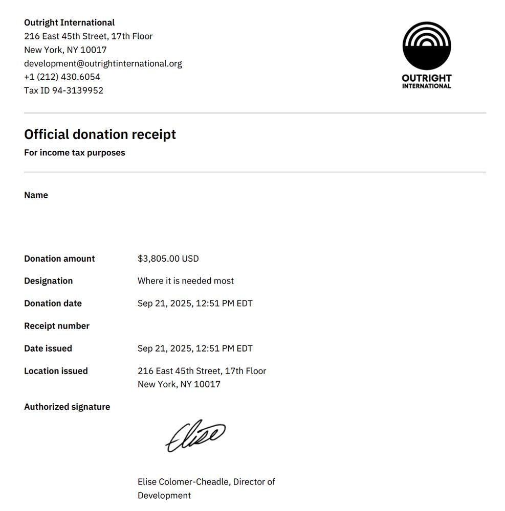 Screenshot of the official donation receipt for $3,805.00 to Outright International.