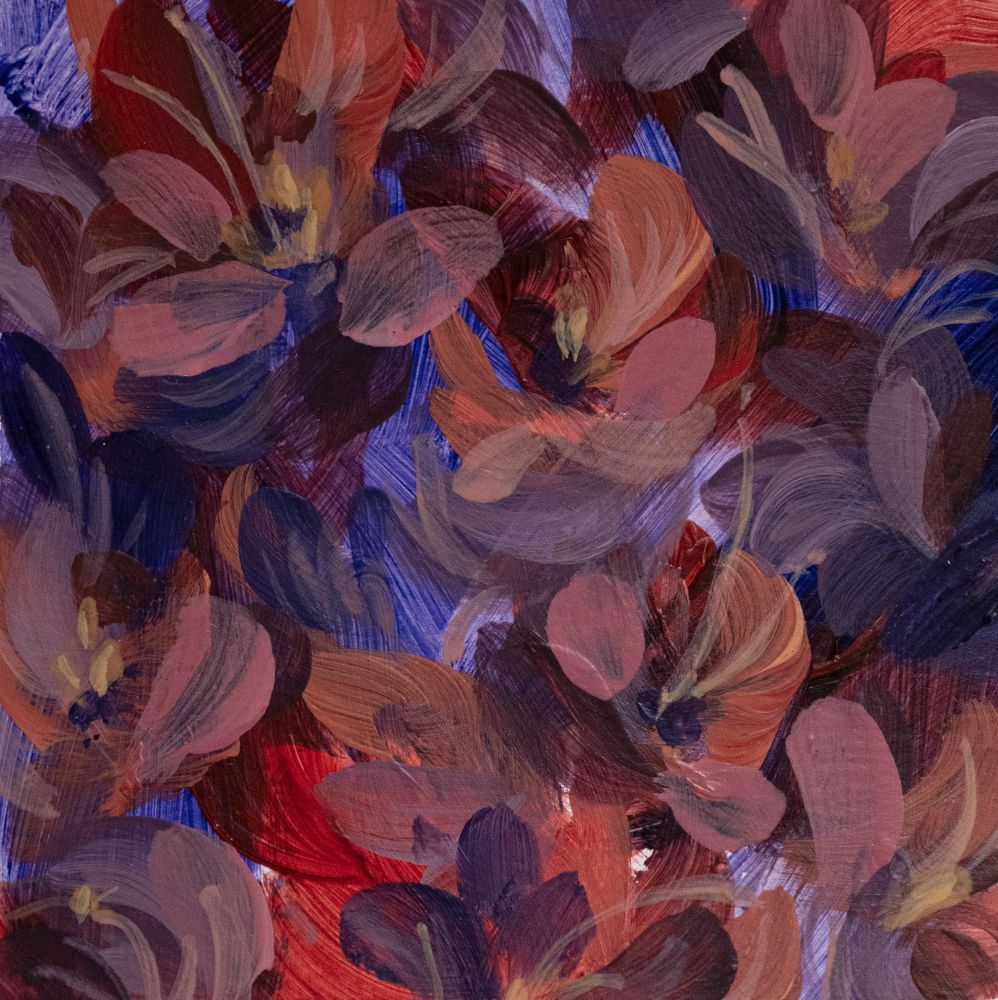 Acrylic painting, florals in purple, peach and pink. Pattern design 