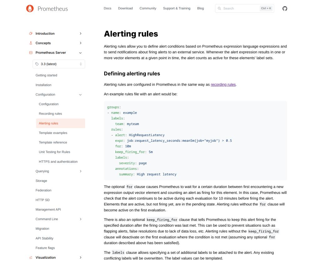 Work-in-progress design of the new Prometheus documentation, showing an example docs page about alerting rules.