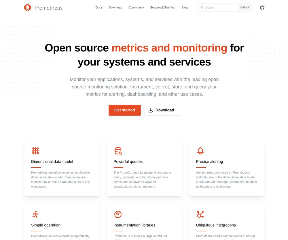 Work-in-progress design of a new Prometheus landing page saying "Open source metrics and monitoring for your systems and services" and highlighting a few key features of Prometheus.