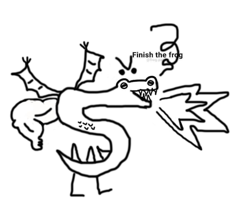 A drawn picture of Trogdor, using the unfinished frog as the nose and mouth