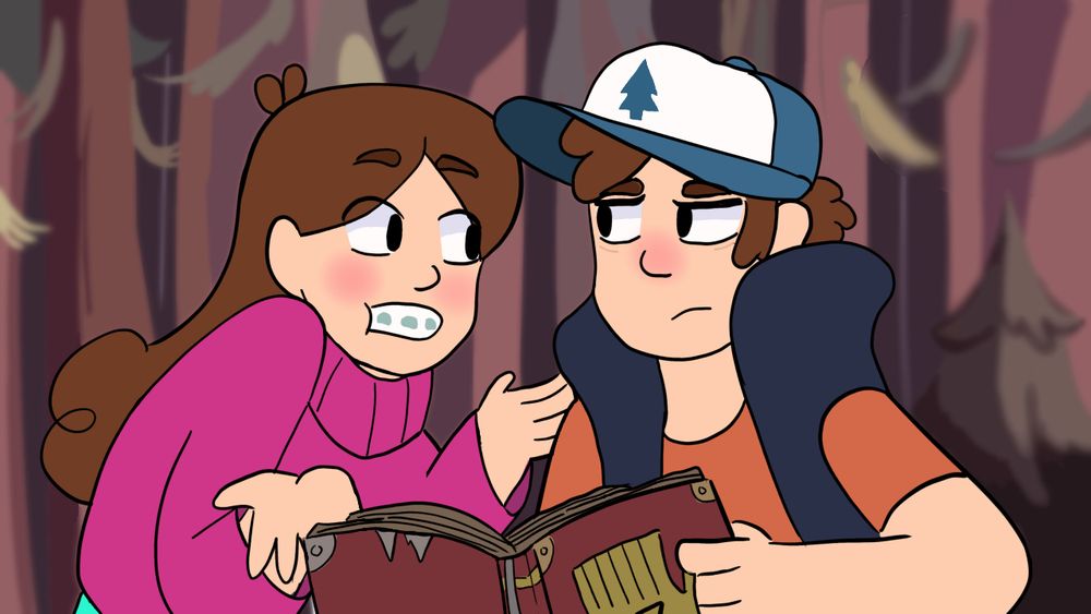 A redraw of a screencap of Dipper and Mabel from the show Gravity Falls 