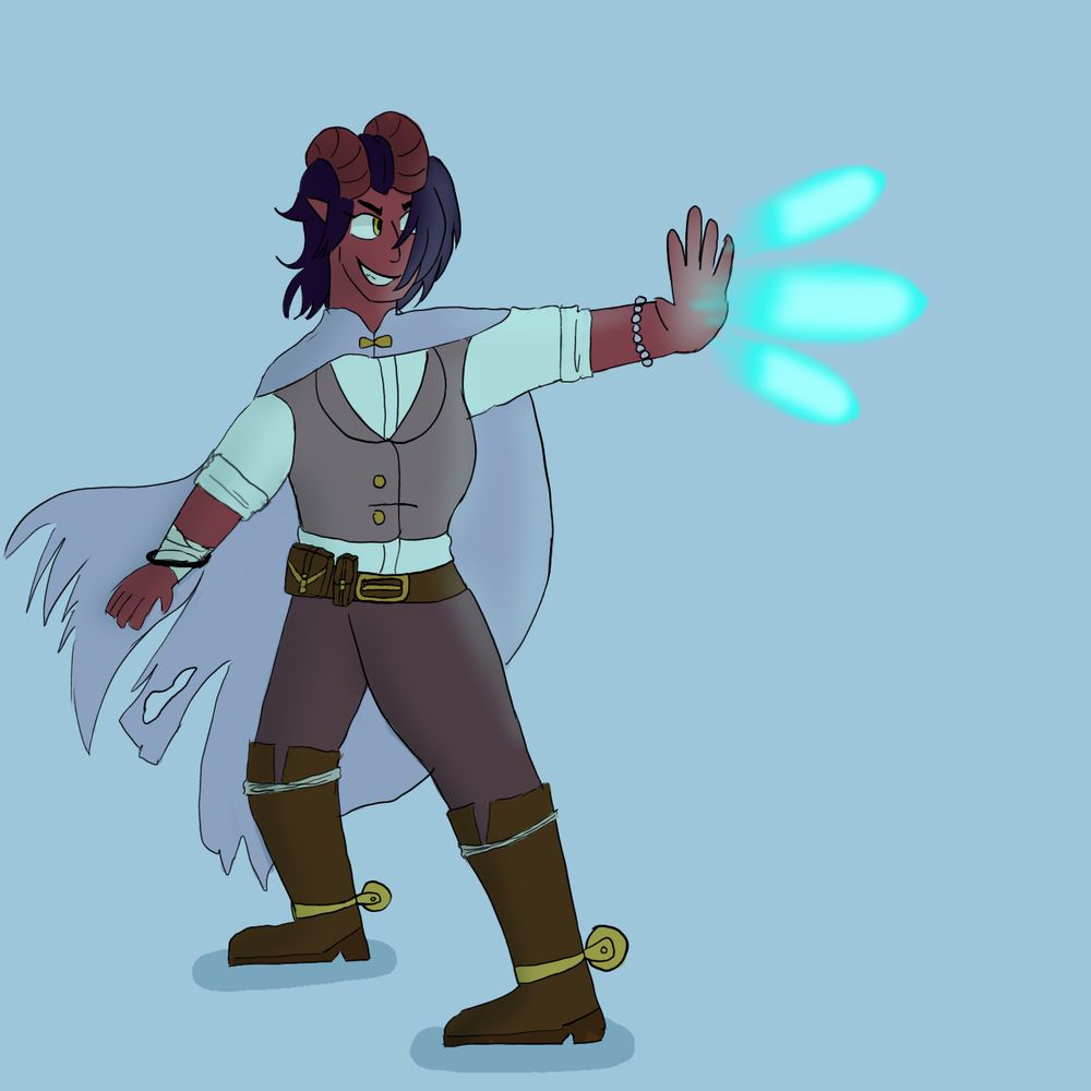 A dnd character, a red tiefling with a western outfit and a tattered cloak is shooting a blast of three blue blasts of magic from her hand 