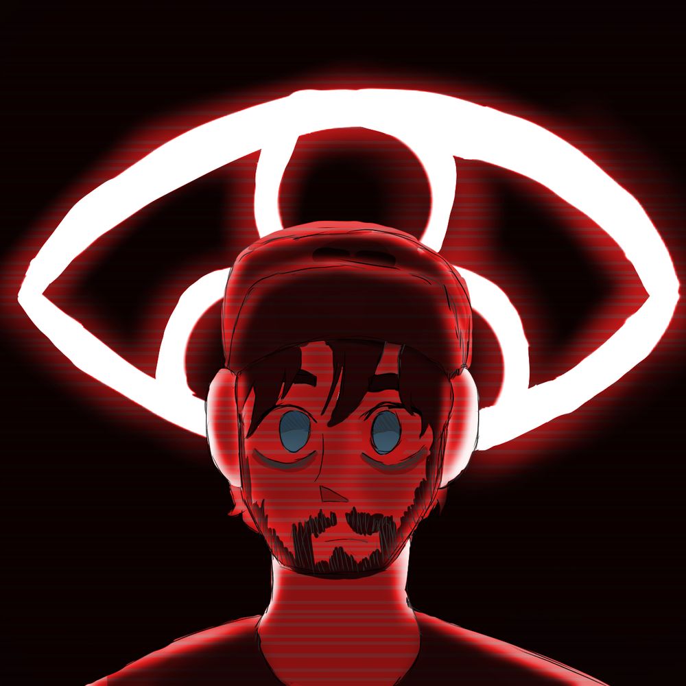 A digital drawing of Chase Brody, a Jacksepticeye character. He is staring forward with the IRIS logo behind him, a white eye icon with three irises. Everything is bathed in red lighting with a slight TV effect overlayed over the image. 