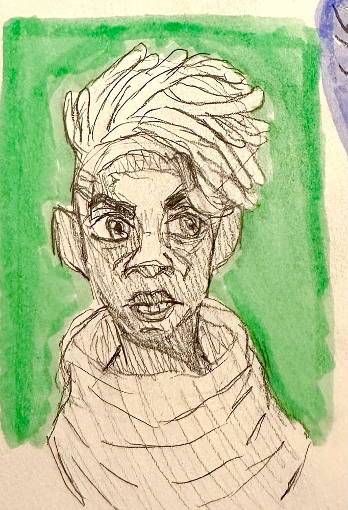 Pencil sketch of Ekko from the show Arcane, with a scribbled green marker background.