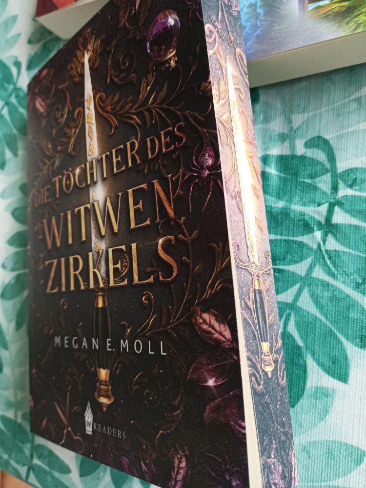 Das Buch "Die Töchter des Witwenzirkels" von der Seite. Der Farbschnitt zeigt das gleiche Schwert und Rankenmuster wie das Cover auch.