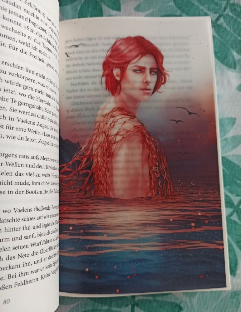 Aufgeschlagenes Buch. Auf der rechten Seite ist ein semi-transparentes Bild, das den Text der darunterliegenden Seite an den hellen Stellen durchscheinen lässt. Das Bild zeigt einen jungen Mann mit roten Haaren, dee bis zum Bauch im Wasser steht und ein Fischernetz über der Schulter hat.