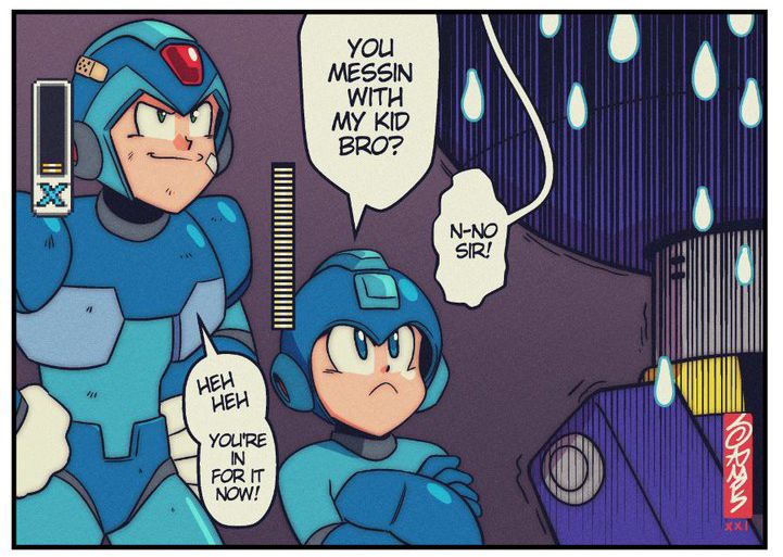 X's 'big' brother, Megaman tells Vile not to mess with his kid brother. Vile apologizes. X looks on smugly. 