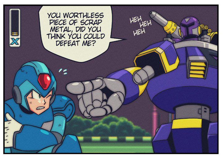 Vile in his ride armor mocking X, calling him a worthless piece of scrap metal.