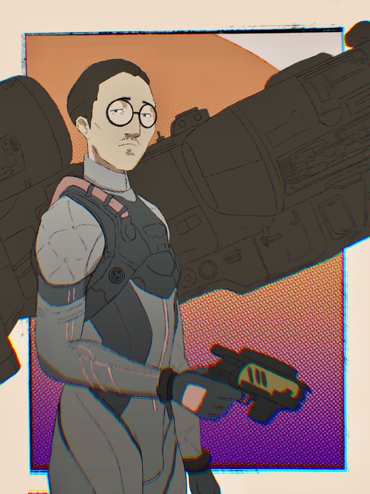 Kim kitsuragi in a space suit with a lazer pistol in his hands with a space ship in the background