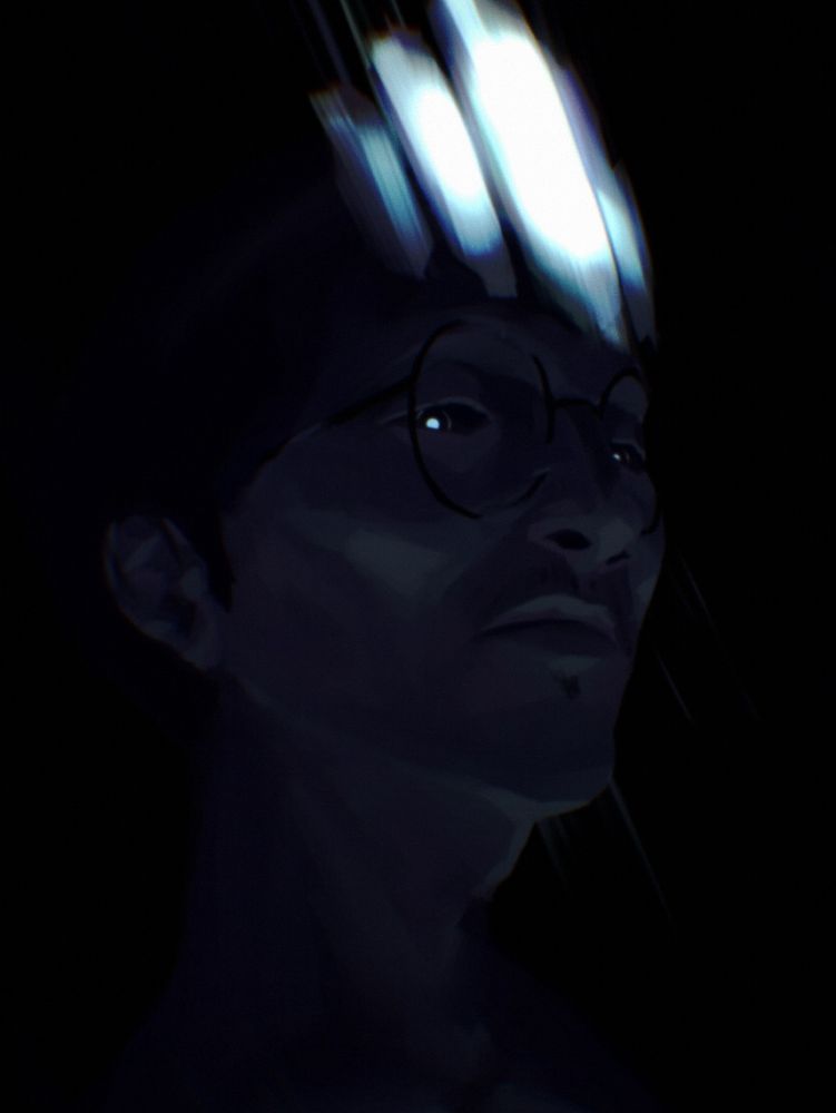 In a blue cast kim looking at you with blue glowing eyes with the crown of authority