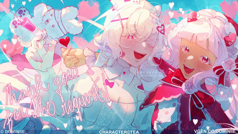 A commissioned drawing for Tea. Two cow girls (milqilins) hug while pink hearts explode against an argentinian blue background and a light purple plush bunny flies away happily. The milqilin on the right makes a finger heart with her right hand while the one on the left holds up a syringe filled with bright pink liquid. Both smile brightly as they look into the camera. A text on the left reads "Thank you for the request!".