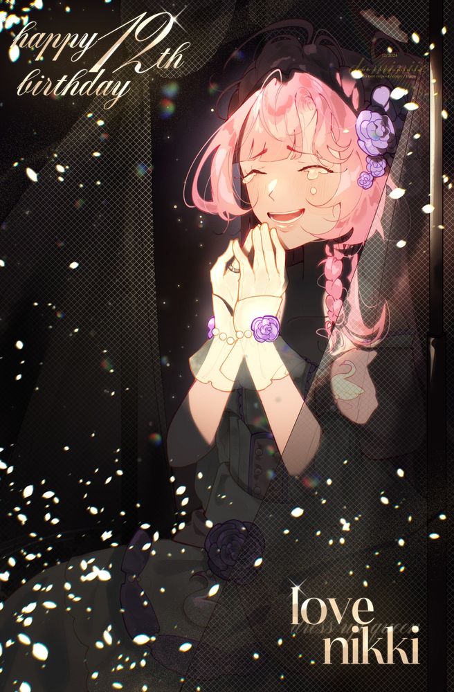 An illustration of Nikki from Nikki Games (Love Nikki, Shining Nikki, Infinity Nikki) crying happy tears wearing a white and purple ballgown. The texts read "Happy 12th Birthday" (top) and Love Nikki Dress Up Queen (bottom)