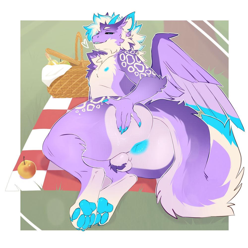 Fluffy purple dragon acai at a picnic. Presenting his ginormous ass and spreading his cheeks slightly to show his blue hole