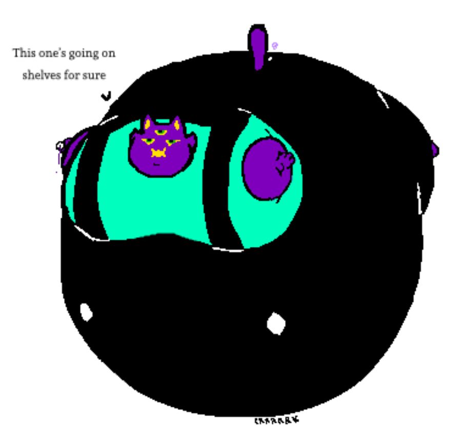 A purple anthropomorphic cat with 3 yellow eyes and mouth, is inflated to a tremendous size. He says “This one’s going on shelves for sure” He’s holding a soda can, dripping a purple liquid.