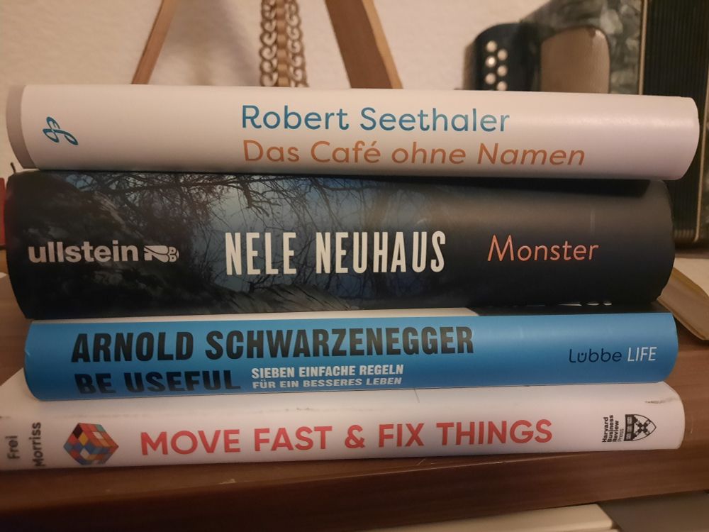 4 Bücher

Das Café ohne Namen, Robert Seethaler
Monster, Nele Neuhaus
Be Useful, Schwarzenegger
Move fast and fix things