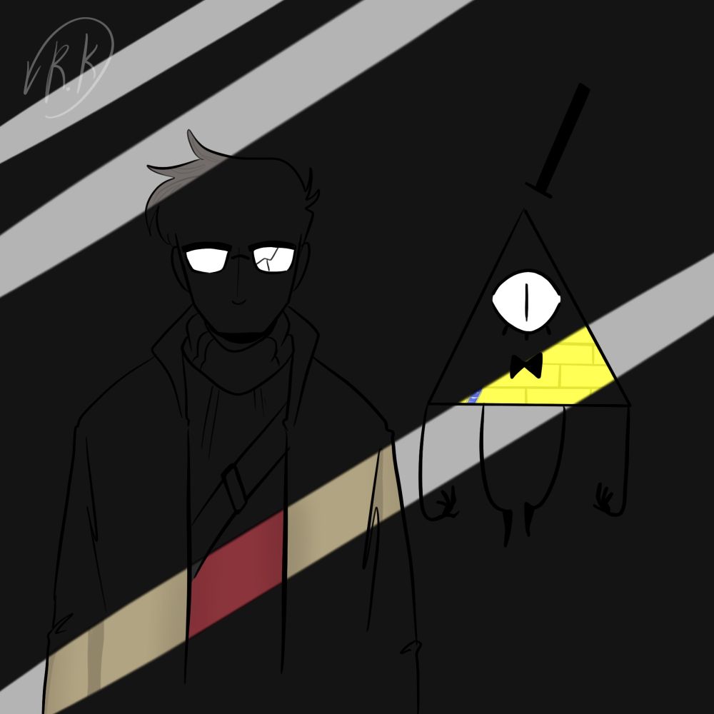 It’s an illustration of Stanford Pines, standing on the left, and Bill Cipher, standing on the right. They’re standing in the shadow and the only things visible are Bill’s eye and Ford’s glasses. There are three lines indicating light, where the color of their bodies/clothes are visible. Ford is wearing a beige coat and a red sweater. Ford’s facial expression is not visible.