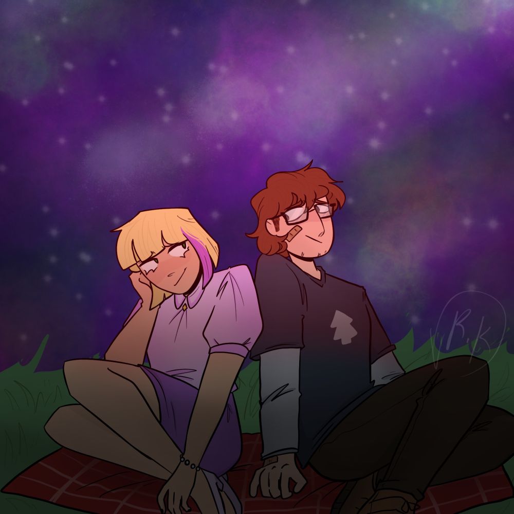 From left to right, it’s an illustration of Pacifica Northwest and Dipper Pines. They’re sitting on the ground next to each other, on a red checkered blanket. Pacifica has short blonde hair with a purple streak, light purple blouse, and a purple skirt. She also has a white bracelet on her left hand and is wearing light purple small heels. She’s looking at Dipper and smiling. Dipper has wavy brown mullet and a light bristle. He’s wearing rectangular glasses and has a bandage on his right cheek. He’s wearing a white and blue shirt with a white pine tree on his chest. He’s also wearing brown pants and lighter brown boots. There is a bright starry night sky above them.