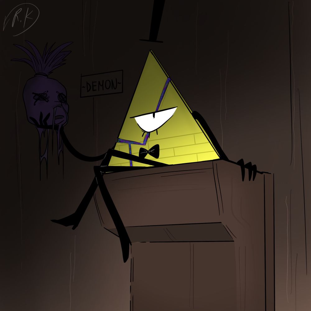 It’s an illustration of Bill Cipher, sitting on a stand like a statue. He has his legs crossed and holds a purple shrunken head in his right arm. He sits in the shadow. There’s a sign behind him to the right saying “demon”. The background is a wooden wall.