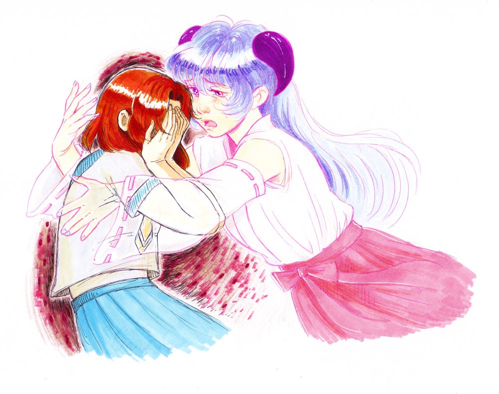 A color illustration of Rena Ryuugu and Hanyuu Furude from Higurashi no Naku Koro Ni. Rena looks tormented, with her hands clasped over her face, while dark swirls filled with bloody splotches surround her, with bits that look like red maggots. Hanyuu is trying to embrace Rena, but can't reach her. Rena is in her school uniform, and Hanyuu is in her shrine maiden outfit. The drawing was done with black and pink ink, alcohol markers, and colored pencils.