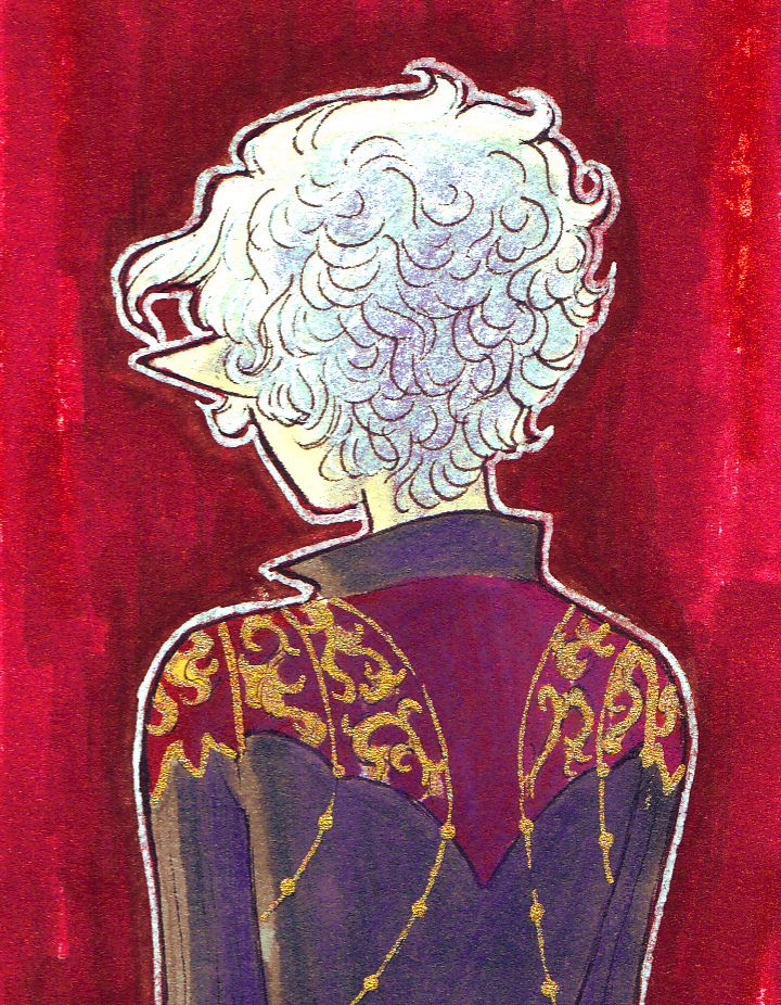 A closeup of the illustration, focusing in on Astarion, in particular the blue / purple shadows in his hair.