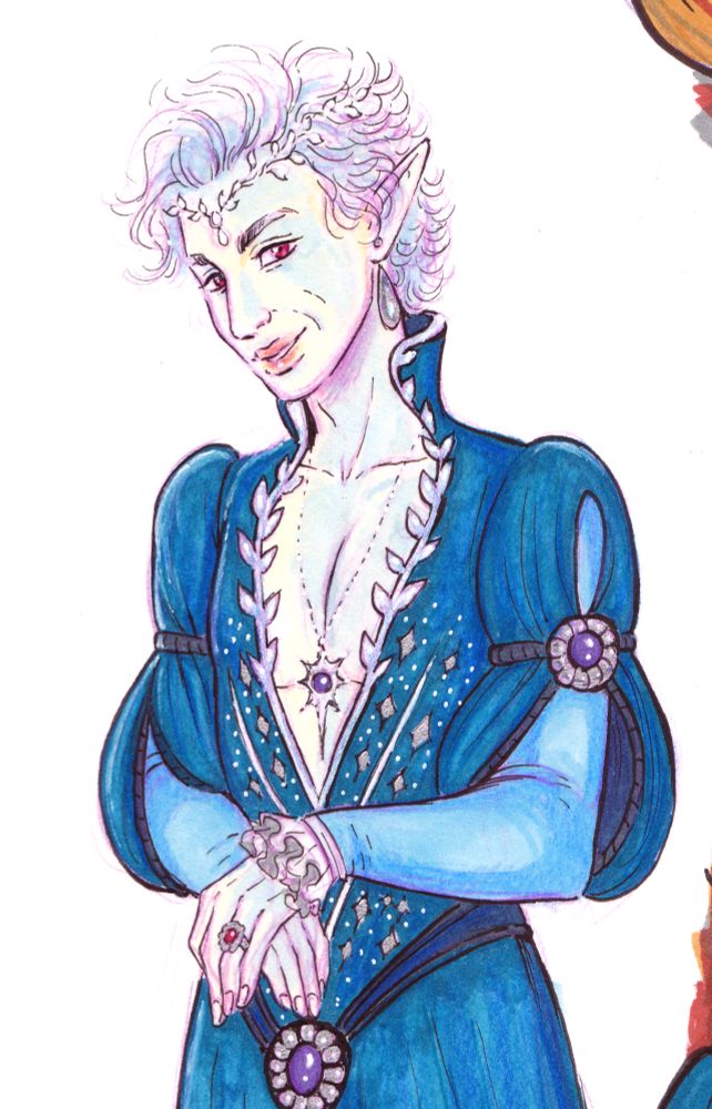 A closeup of the previous image, focusing on Astarion in his blue dress, posing with his hands folded demurely and smiling as though for a royal portrait.