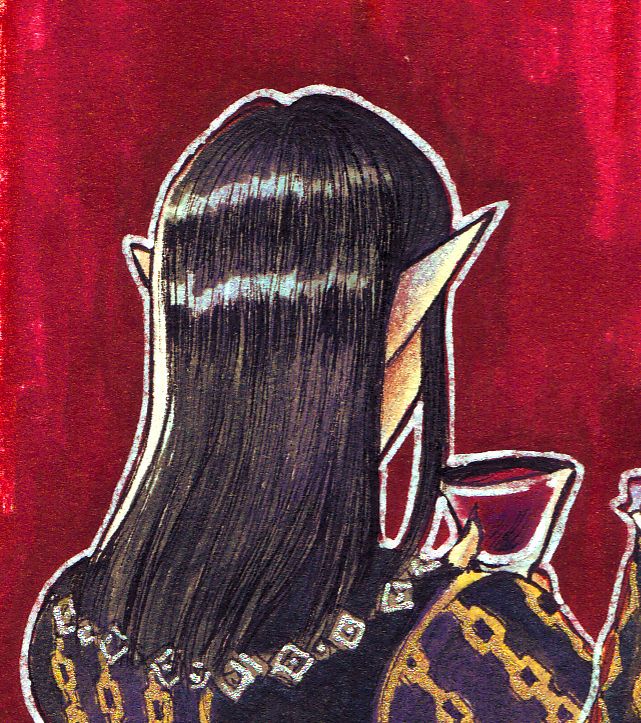 A closeup of the illustration, focusing on Cazador, his silky black hair, and the wine glass.
