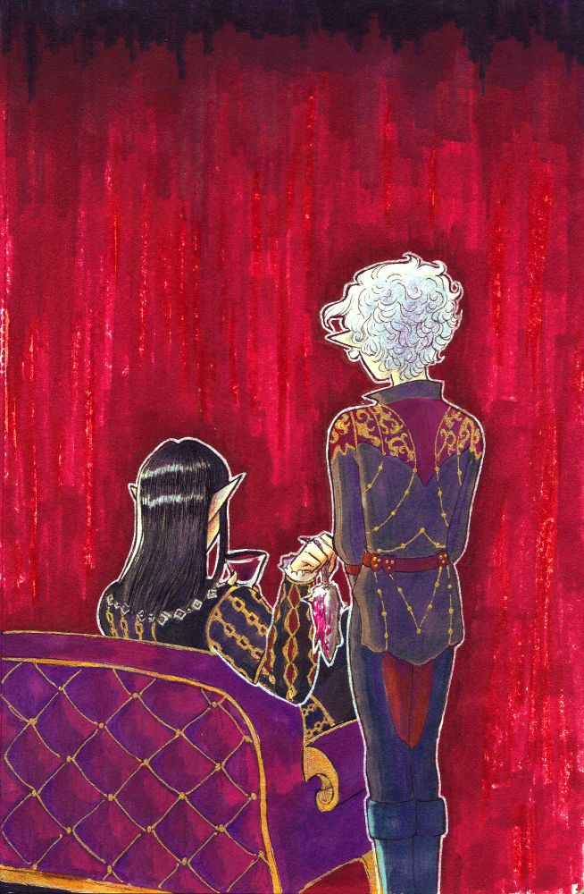 An ink and art markers illustration of Astarion and Cazador from BG3. The scene is bathed in a background of oppressive reds and shadows. We see both figures from the back, their faces turned away. Cazador is seated on a purple and gold divan, holding a glass of wine in one hand and lackadaisically offering a dead, bloodied rat to Astarion with the other. Astarion stands at his side, his posture stiff and submissive, his hands folded in front of him, quietly awaiting his reward.