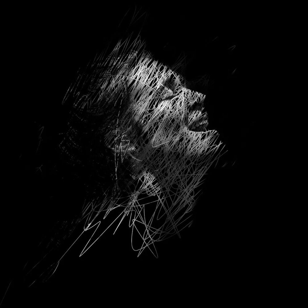 Photoshopped image overlaid with white pencil strokes over a black background.