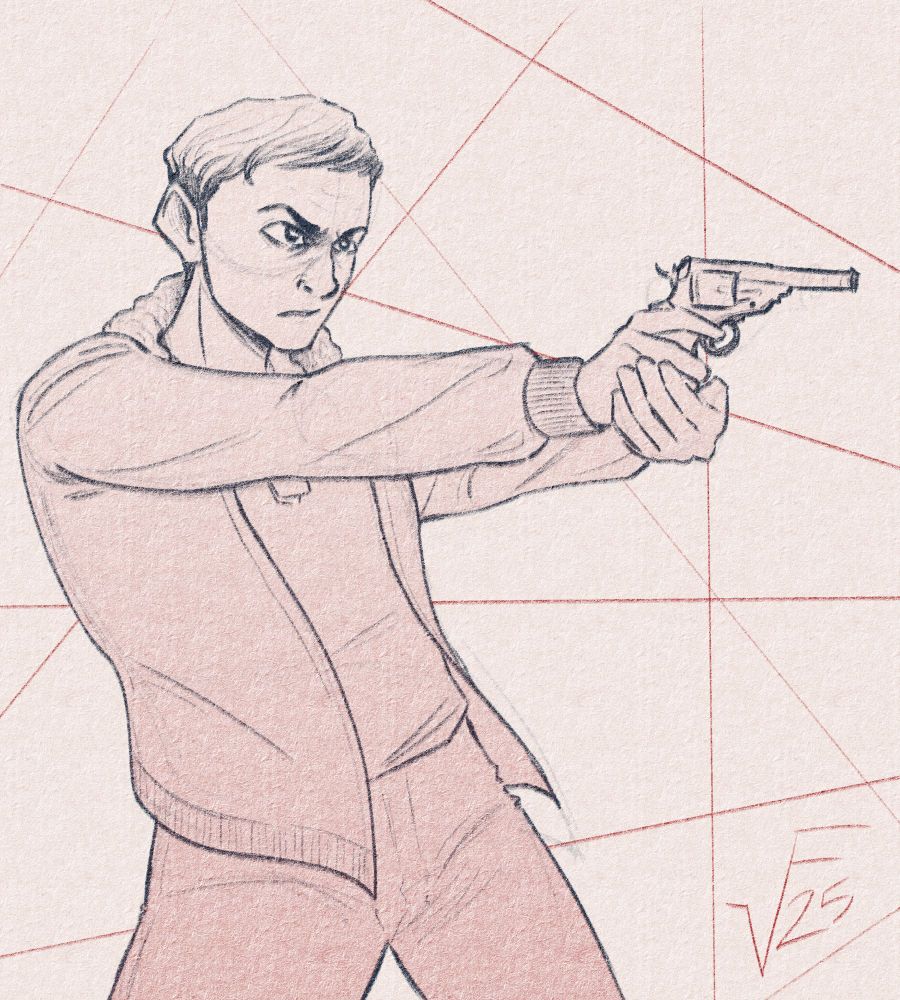a sketch of a man with short hair and an angry expression, holding a gun off towards the right. 