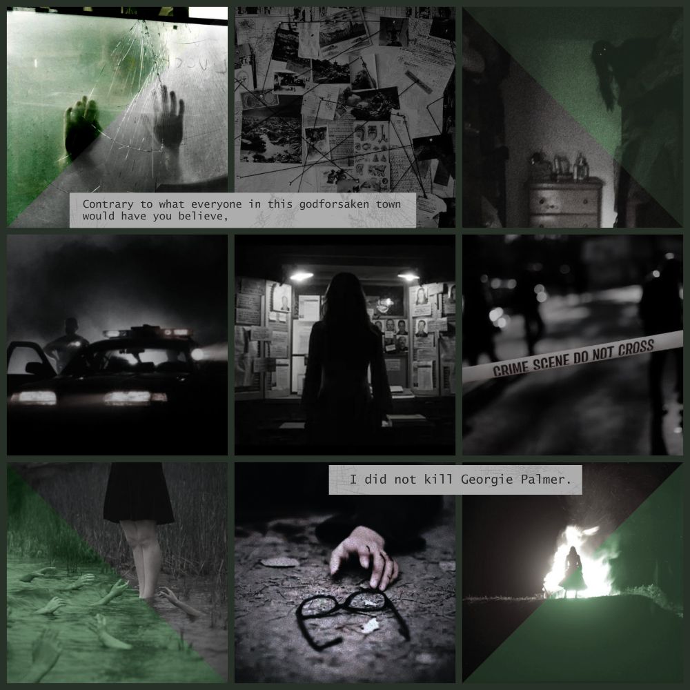 A moodboard, with a green and white color scheme.
Top left: two hands scraping against a broken glass window.
Top middle: a conspiracy board
Top right: a grainy photo of a bedroom, with a shadowy figure leaning down from the top bunk.
Middle left: a cop car with a cop stepping out.
Middle: a silhouette of a woman staring at a conspiracy board.
Middle right: a picture of police tape.
Bottom left: legs standing in ankle-high water, with hands reaching out and grabbing at them.
Bottom middle: a hand reaching for broken glasses on the ground.
Bottom right: the silhouette of a woman atop a hill, on fire.

Text over the moodboard reads: "contrary to what everyone in this godforsaken town would have you believe, I did not kill Georgie Palmer."