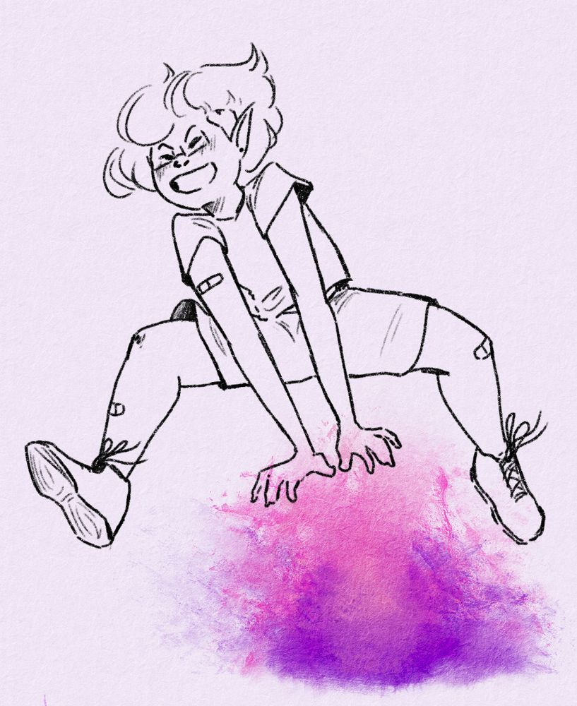 A drawing of Celeste leapfrog-jumping over an explosion of color. There's a wide grin on his face and his hair is flying up around his head. He's wearing shorts and a t-shirt, and there's band-aids on his arms and legs.