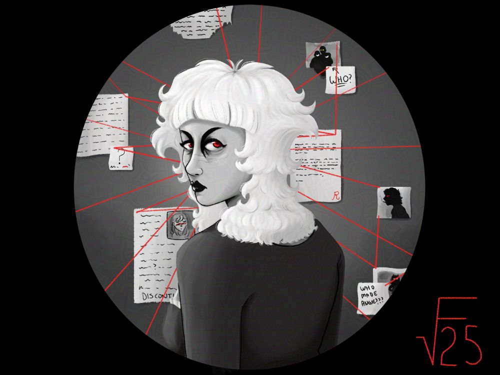 A grayscale painting of Lillian, a woman with white hair cut in a jellyfish style, dark goth makeup, and bright red eyes. She's standing with her back turned to the camera, glaring over her shoulder at the viewer. She has a faded scare across the bridge of her nose. Behind her is a red string conspiracy board, connecting several letters and documents together. 
