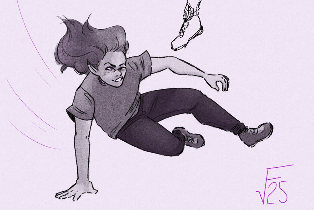 A drawing of Celeste sliding past, one hand braced against the ground, both legs kicked out. This sketch is more detailed, and shaded in purple-gray tones. 